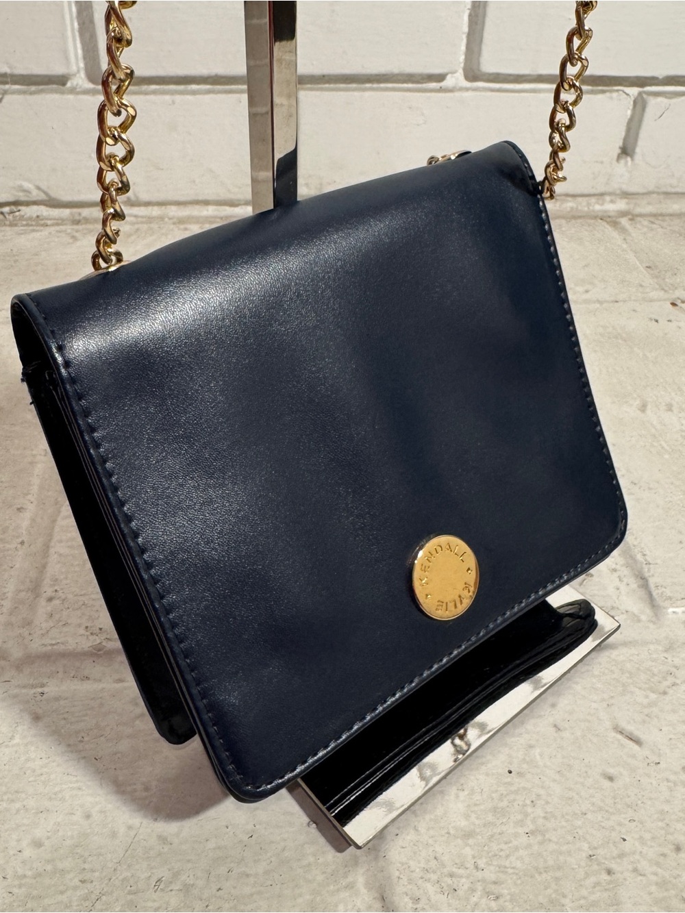 KENDALL + KYLIE Navy Blue Flap Crossbody Bag Gold Chain Accent Structured Purse